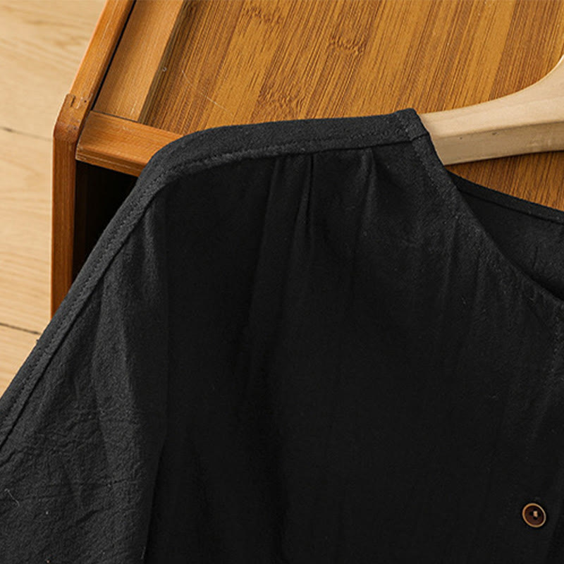 Casual Plain Buttons Half Sleeve Women's Cotton Linen Shirt With Pocket