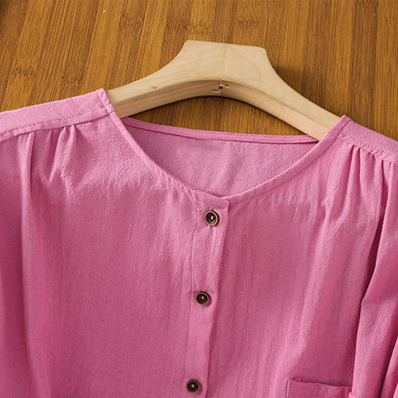 Casual Plain Buttons Half Sleeve Women's Cotton Linen Shirt With Pocket
