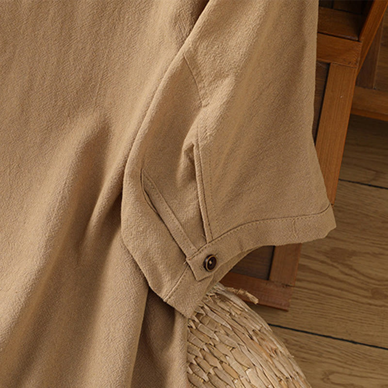 Casual Plain Buttons Half Sleeve Women's Cotton Linen Shirt With Pocket