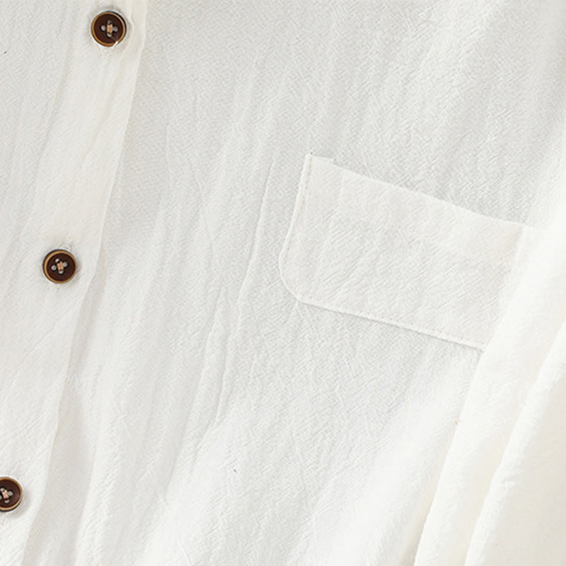 Casual Plain Buttons Half Sleeve Women's Cotton Linen Shirt With Pocket