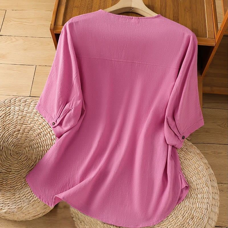 Casual Plain Buttons Half Sleeve Women's Cotton Linen Shirt With Pocket