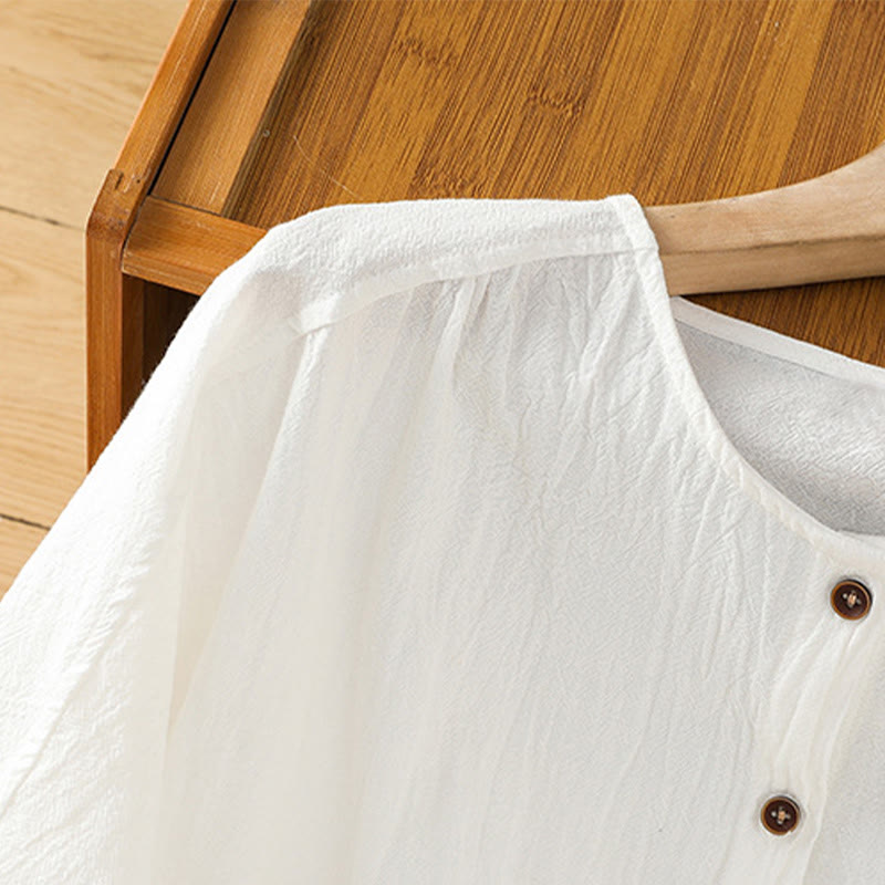 Casual Plain Buttons Half Sleeve Women's Cotton Linen Shirt With Pocket