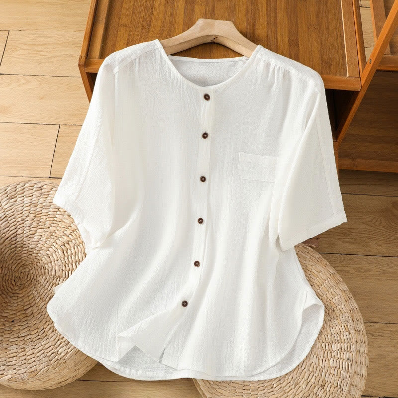 Casual Plain Buttons Half Sleeve Women's Cotton Linen Shirt With Pocket