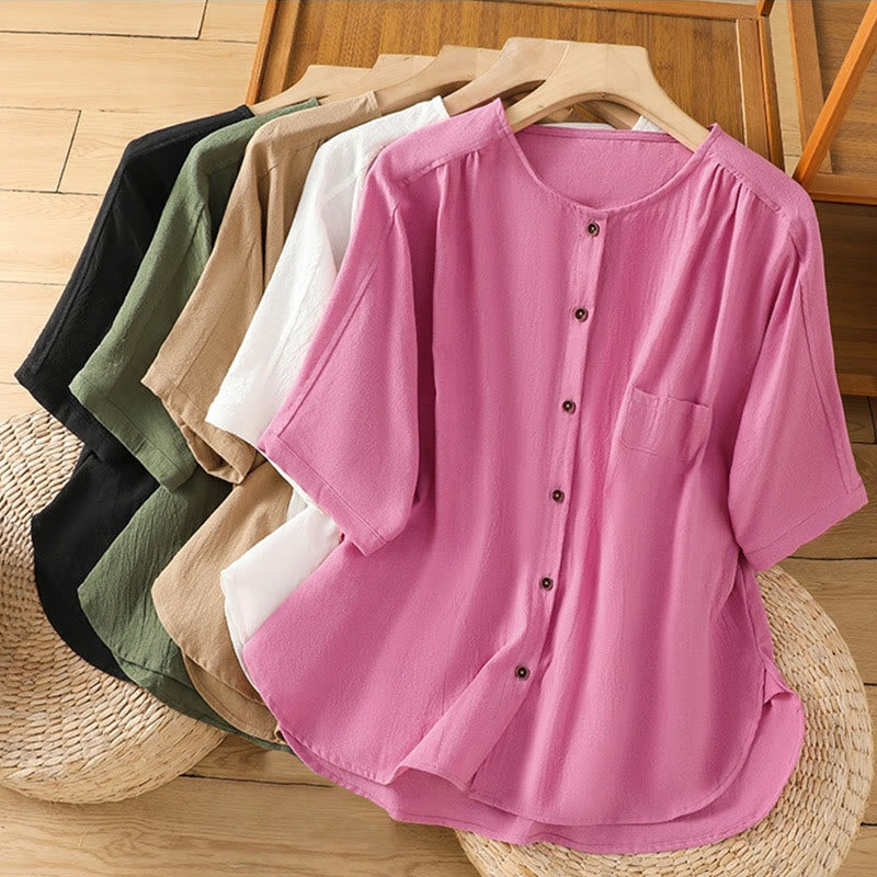Casual Plain Buttons Half Sleeve Women's Cotton Linen Shirt With Pocket