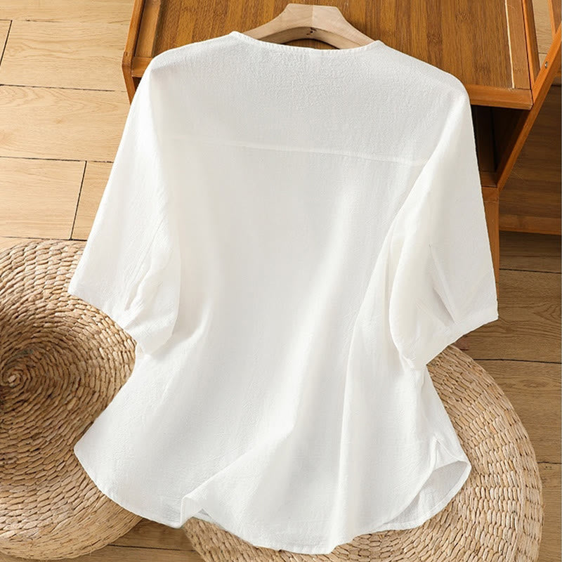 Casual Plain Buttons Half Sleeve Women's Cotton Linen Shirt With Pocket