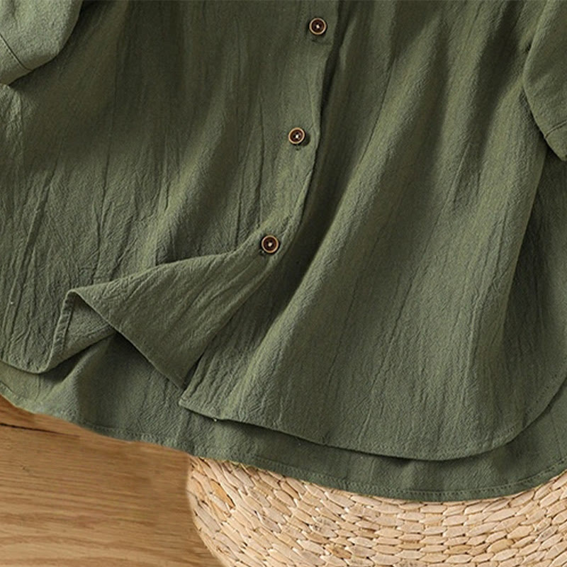 Casual Plain Buttons Half Sleeve Women's Cotton Linen Shirt With Pocket