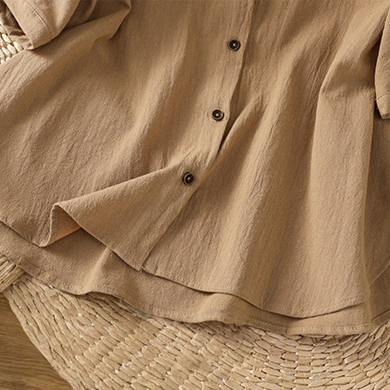 Casual Plain Buttons Half Sleeve Women's Cotton Linen Shirt With Pocket