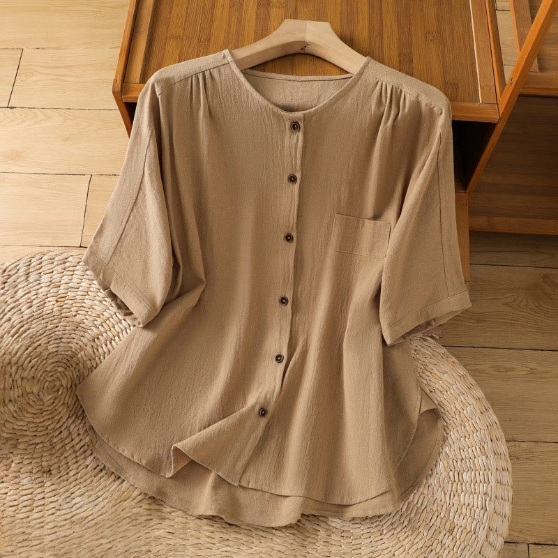 Casual Plain Buttons Half Sleeve Women's Cotton Linen Shirt With Pocket