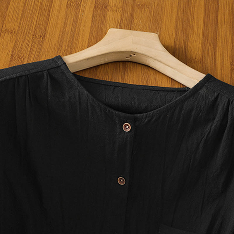 Casual Plain Buttons Half Sleeve Women's Cotton Linen Shirt With Pocket