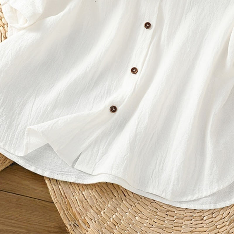 Casual Plain Buttons Half Sleeve Women's Cotton Linen Shirt With Pocket