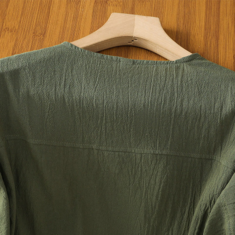 Casual Plain Buttons Half Sleeve Women's Cotton Linen Shirt With Pocket