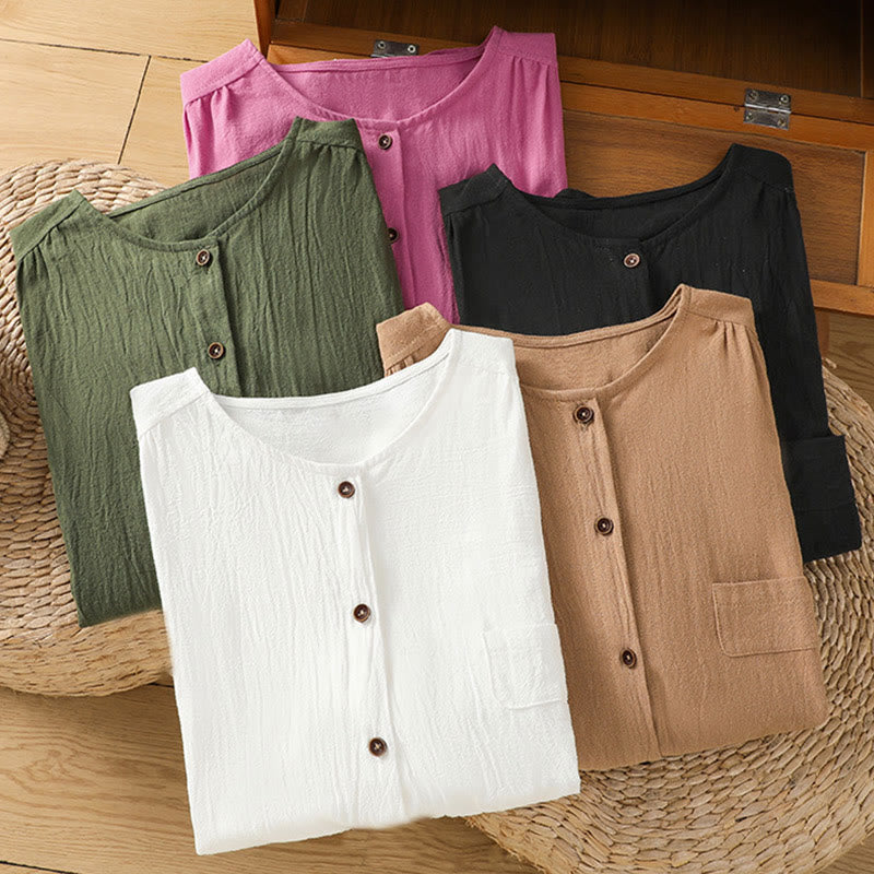 Casual Plain Buttons Half Sleeve Women's Cotton Linen Shirt With Pocket