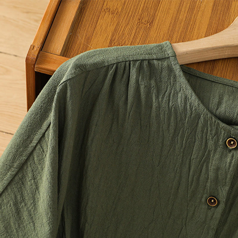 Casual Plain Buttons Half Sleeve Women's Cotton Linen Shirt With Pocket