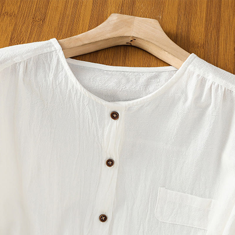 Casual Plain Buttons Half Sleeve Women's Cotton Linen Shirt With Pocket