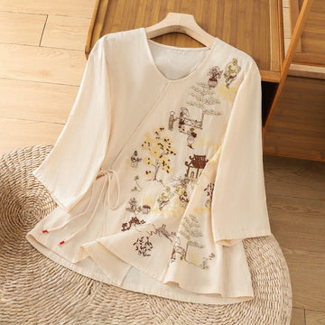 Cotton Linen Embroidered Three-Quarter Sleeve Meditation T-Shirt
