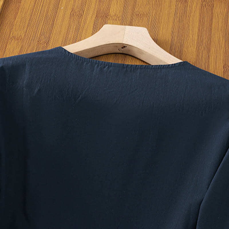 Cotton Linen Embroidered Three-Quarter Sleeve Meditation T-Shirt