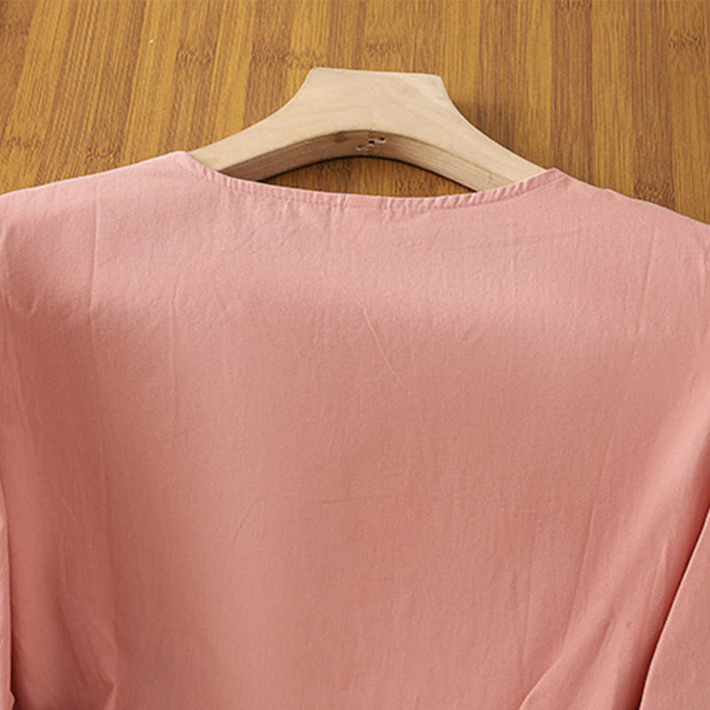 Cotton Linen Embroidered Three-Quarter Sleeve Meditation T-Shirt