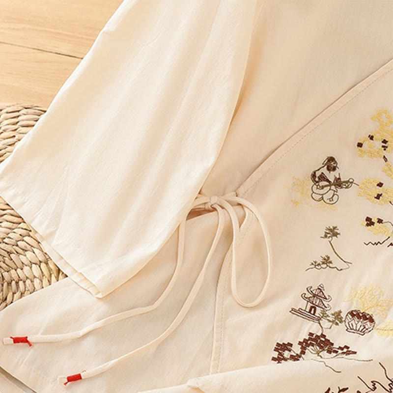 Cotton Linen Embroidered Three-Quarter Sleeve Meditation T-Shirt