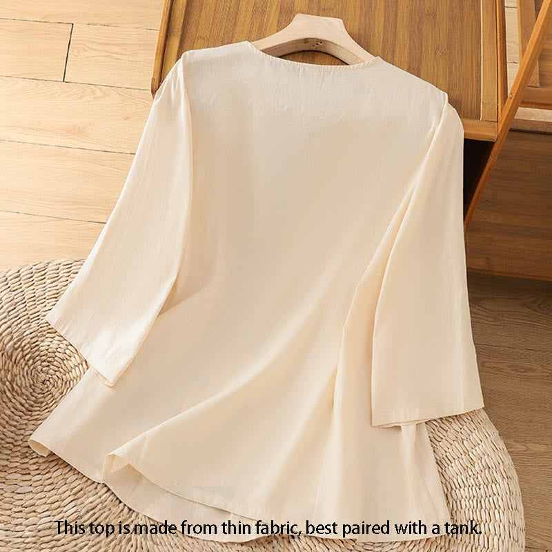 Cotton Linen Embroidered Three-Quarter Sleeve Meditation T-Shirt