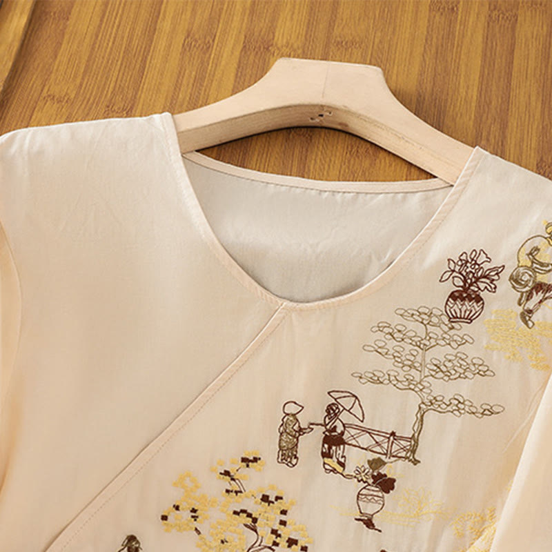 Cotton Linen Embroidered Three-Quarter Sleeve Meditation T-Shirt