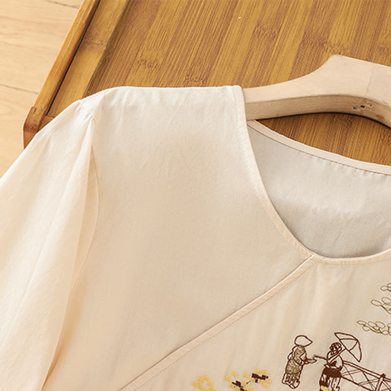 Cotton Linen Embroidered Three-Quarter Sleeve Meditation T-Shirt