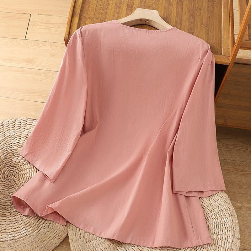Cotton Linen Embroidered Three-Quarter Sleeve Meditation T-Shirt