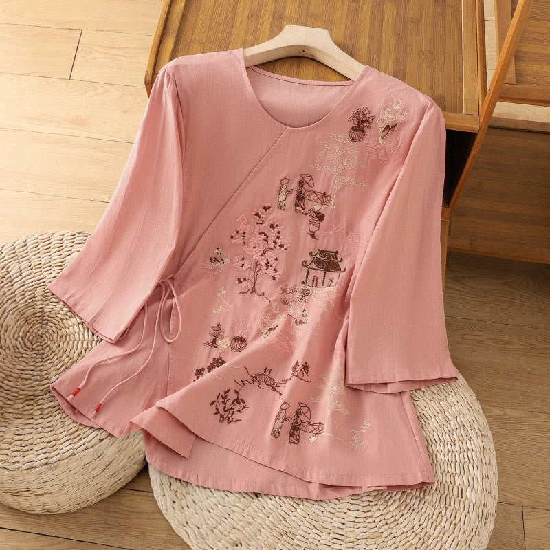 Cotton Linen Embroidered Three-Quarter Sleeve Meditation T-Shirt