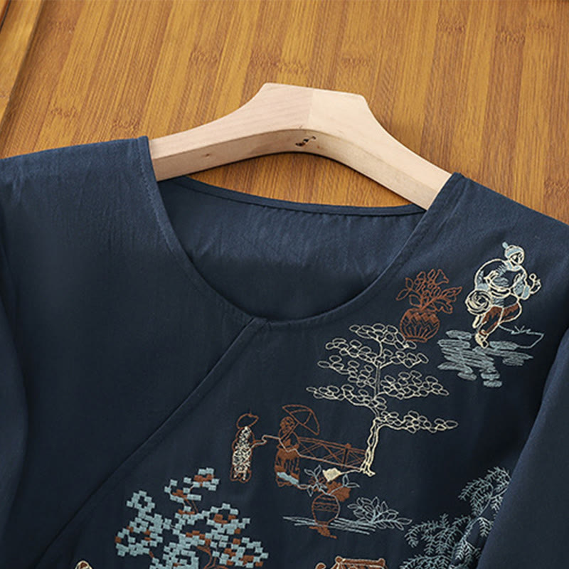 Cotton Linen Embroidered Three-Quarter Sleeve Meditation T-Shirt