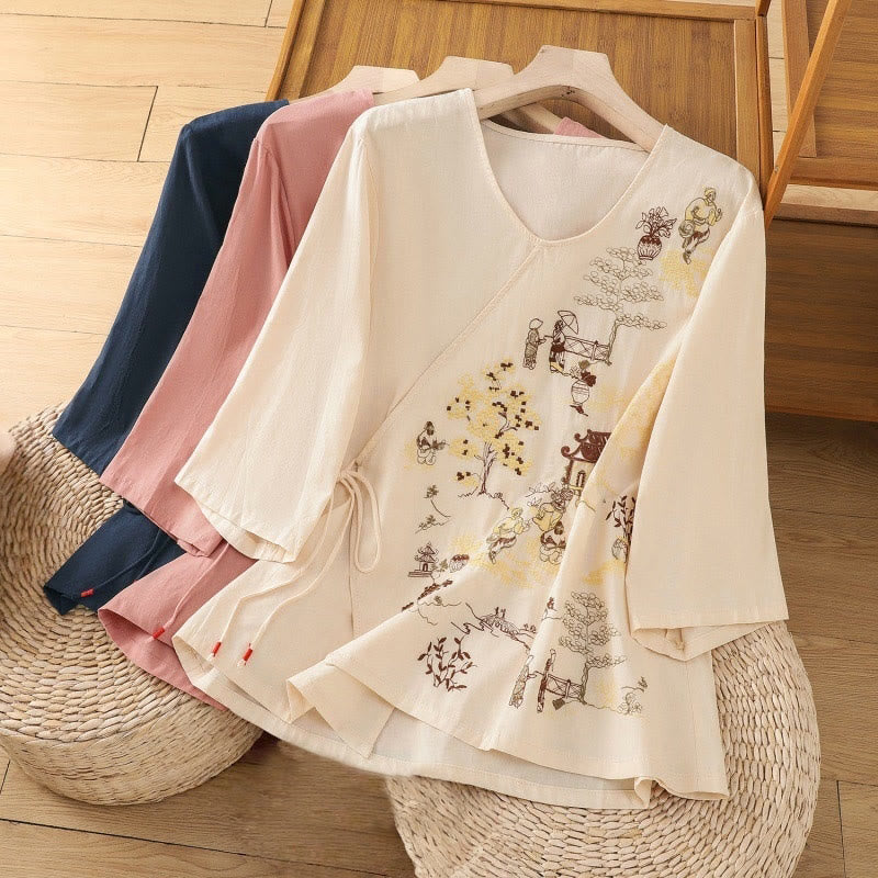 Cotton Linen Embroidered Three-Quarter Sleeve Meditation T-Shirt