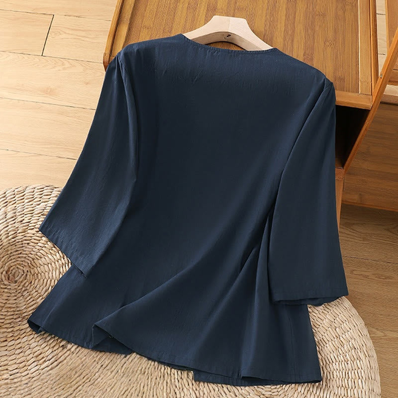 Cotton Linen Embroidered Three-Quarter Sleeve Meditation T-Shirt