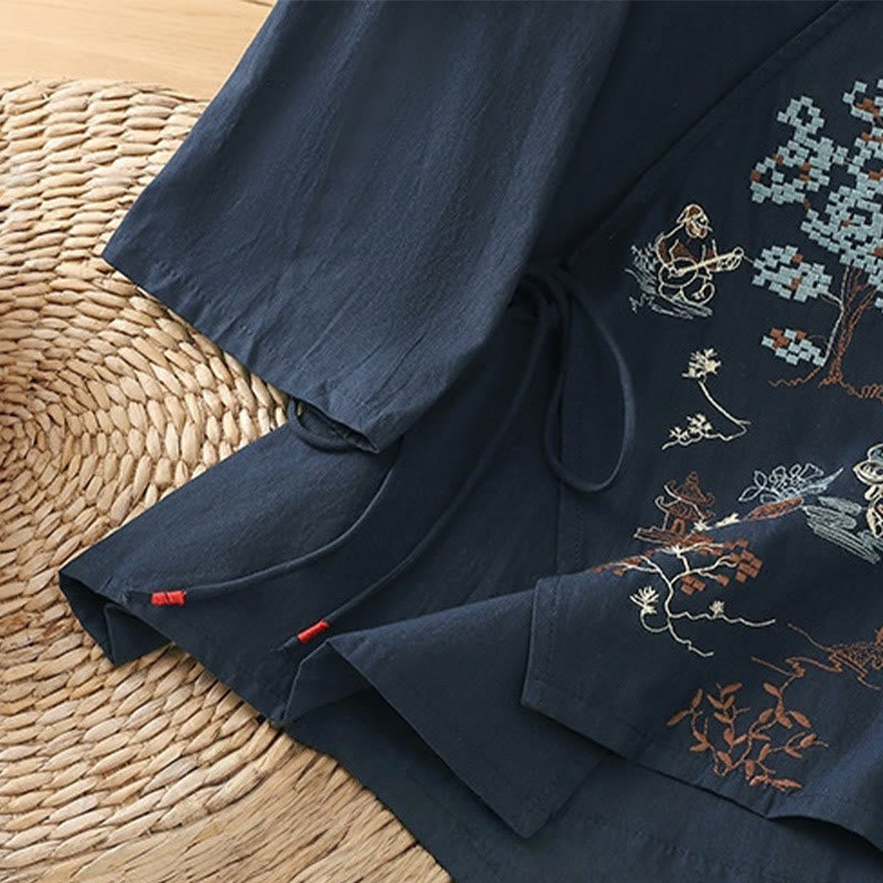 Cotton Linen Embroidered Three-Quarter Sleeve Meditation T-Shirt