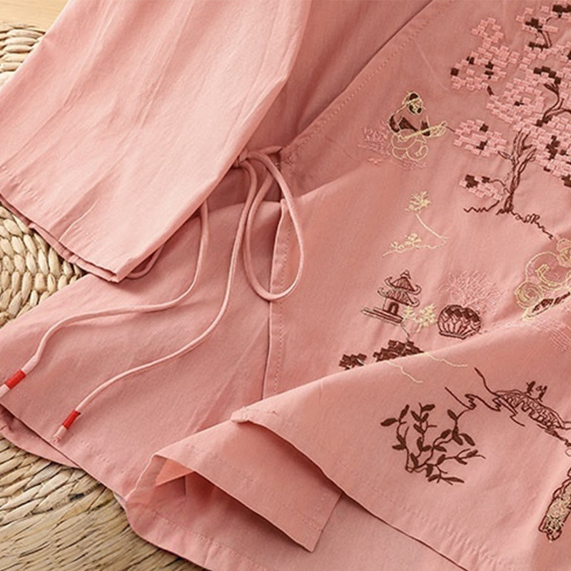 Cotton Linen Embroidered Three-Quarter Sleeve Meditation T-Shirt