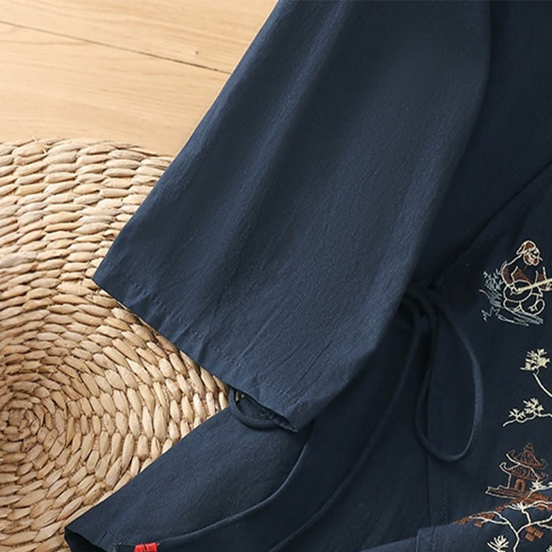 Cotton Linen Embroidered Three-Quarter Sleeve Meditation T-Shirt