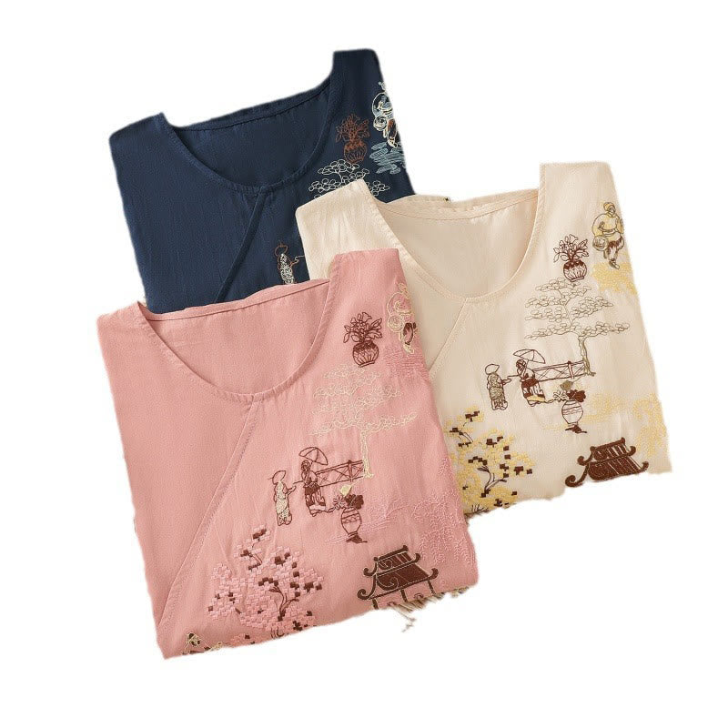 Cotton Linen Embroidered Three-Quarter Sleeve Meditation T-Shirt
