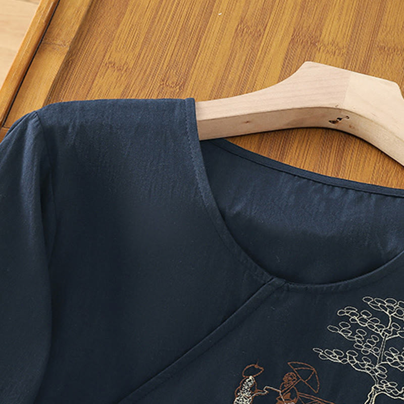 Cotton Linen Embroidered Three-Quarter Sleeve Meditation T-Shirt