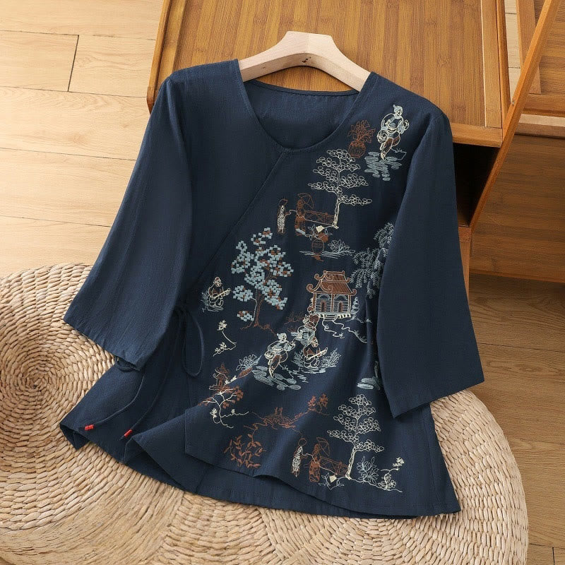 Cotton Linen Embroidered Three-Quarter Sleeve Meditation T-Shirt