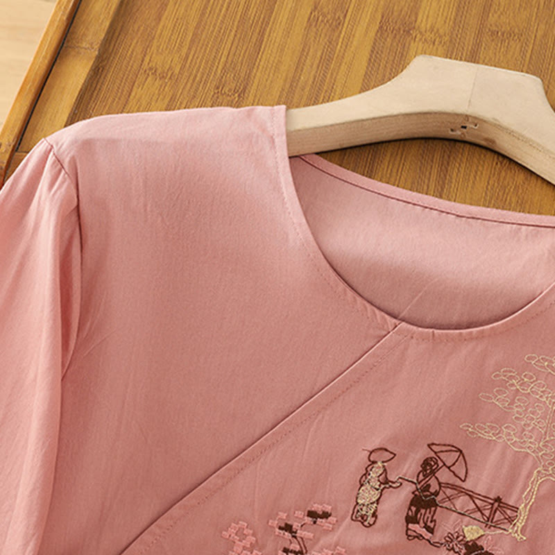Cotton Linen Embroidered Three-Quarter Sleeve Meditation T-Shirt