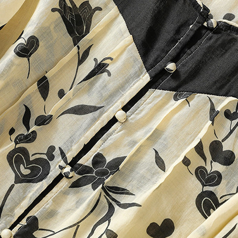 Breathable Floral Contrast Half-Sleeve Meditation Shirt