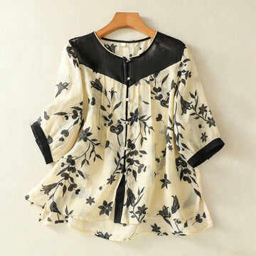 Breathable Floral Contrast Half-Sleeve Meditation Shirt