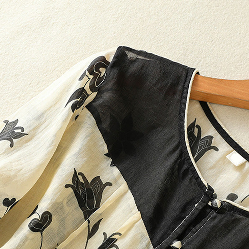 Breathable Floral Contrast Half-Sleeve Meditation Shirt