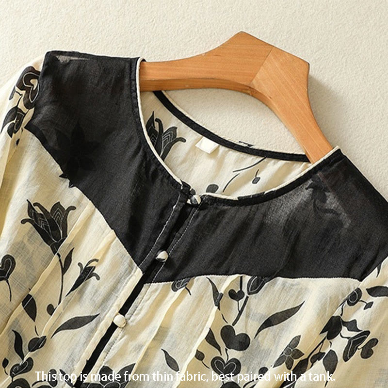 Breathable Floral Contrast Half-Sleeve Meditation Shirt