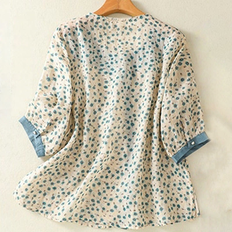 Breathable Floral Contrast Half-Sleeve Meditation Shirt