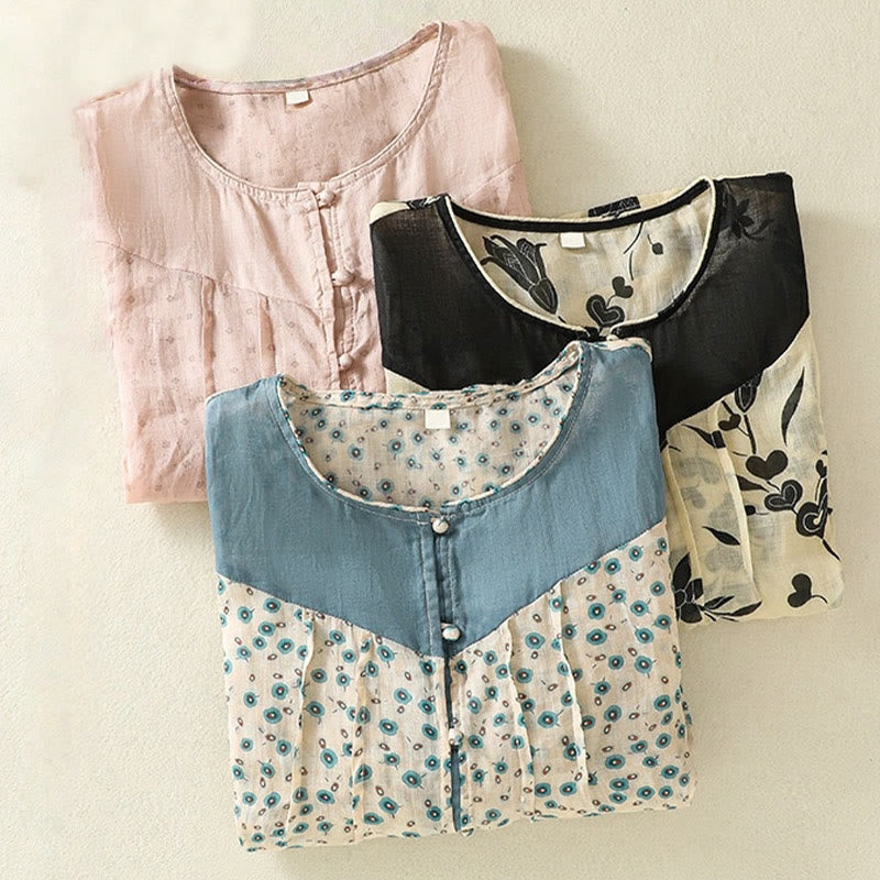 Breathable Floral Contrast Half-Sleeve Meditation Shirt