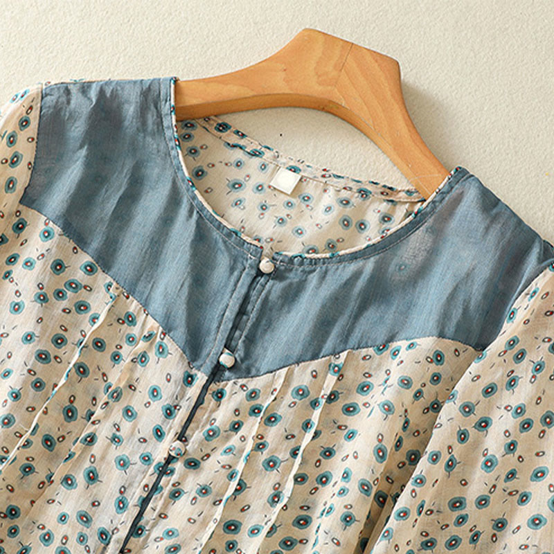 Breathable Floral Contrast Half-Sleeve Meditation Shirt