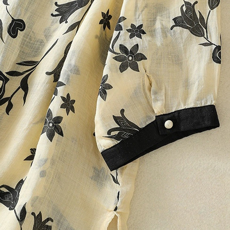 Breathable Floral Contrast Half-Sleeve Meditation Shirt