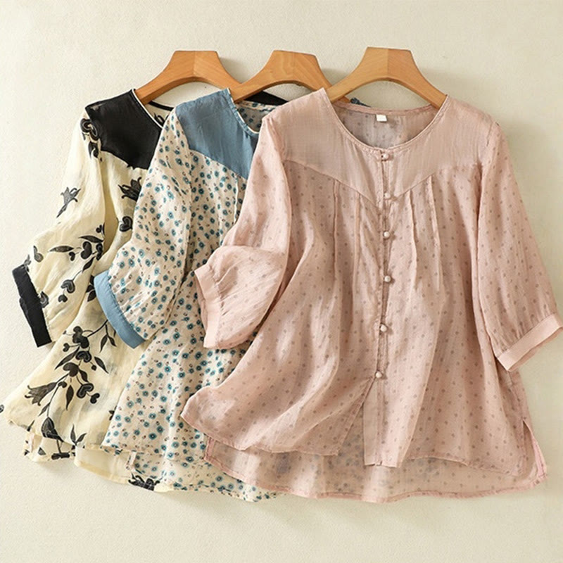 Breathable Floral Contrast Half-Sleeve Meditation Shirt