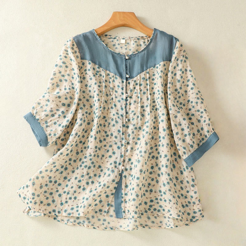 Breathable Floral Contrast Half-Sleeve Meditation Shirt