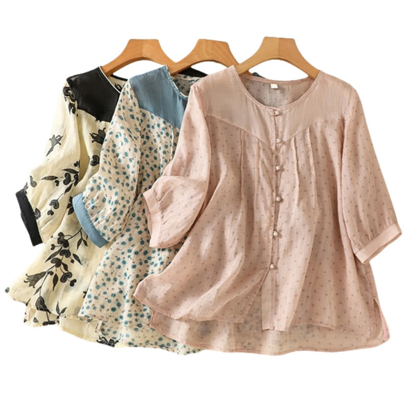 Breathable Floral Contrast Half-Sleeve Meditation Shirt
