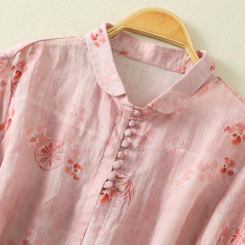 Lightweight Cotton Blend Floral Print Half-Sleeve Meditation Shirt