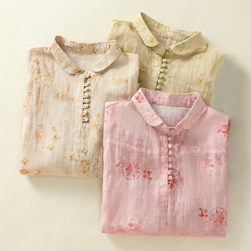 Lightweight Cotton Blend Floral Print Half-Sleeve Meditation Shirt
